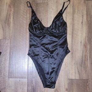 Sleek Black Satin Bodysuit/t378
